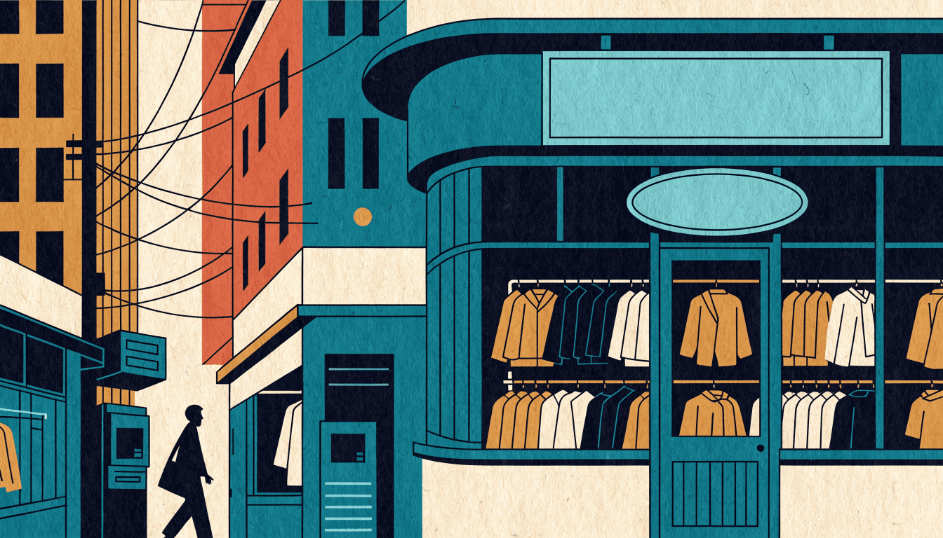 Editorial illustration of a resale-fashion shopfront on a dense Hong Kong shopping street: blank illuminated signage shapes, racks of folded clothing visible through the glass, a silhouetted shopper passing by.