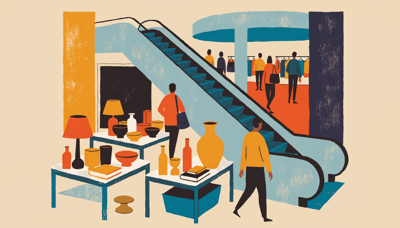 Flat-vector illustration of a bright variety-goods shop floor inside a multi-level mall: low display tables of lamps, vases and bowls in the foreground, an escalator rising behind to an upper floor where anonymous shoppers browse clothing rails.