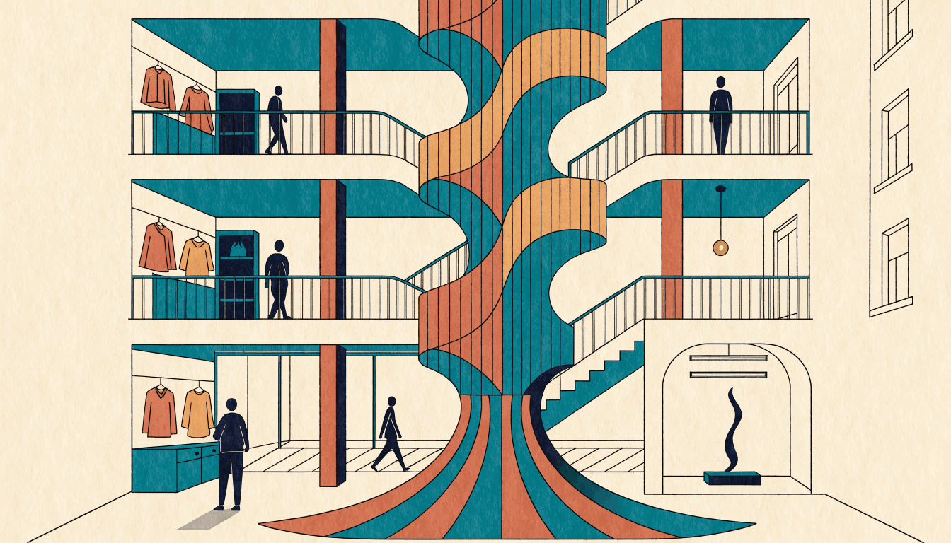 Editorial illustration of a three-floor fashion flagship interior in Aoyama, with a sculptural woven-fabric installation running through the space and a small gallery alcove.