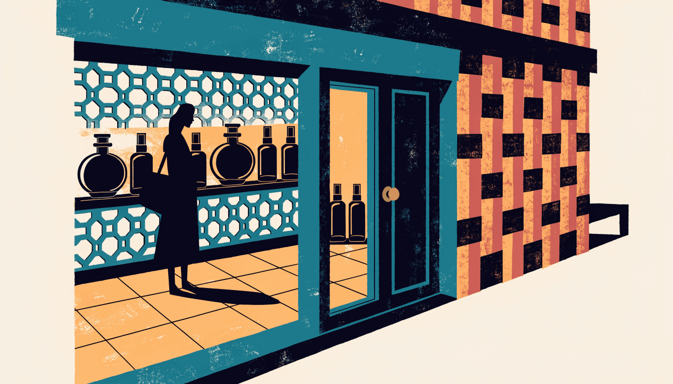 Illustration of an elegant basement beauty boutique with a woven-textured facade, warm backlit latticework detailing and ceramic-tiled flooring, with a silhouetted shopper browsing fragrance displays — no visible logos, brand names or real people.