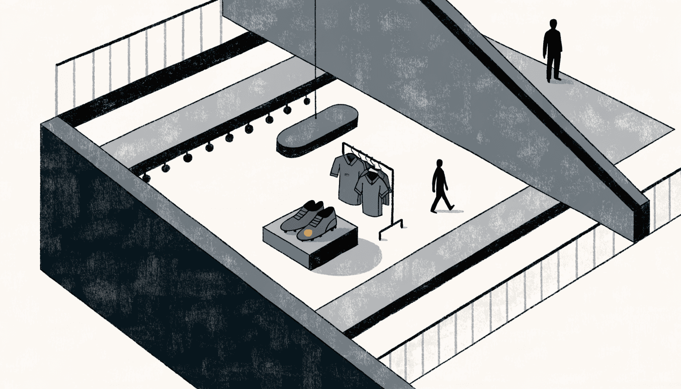 Editorial illustration — A sportswear retail floor styled around a football display, boots and jerseys arranged under stadium-style lighting, evoking World Cup season merchandising.