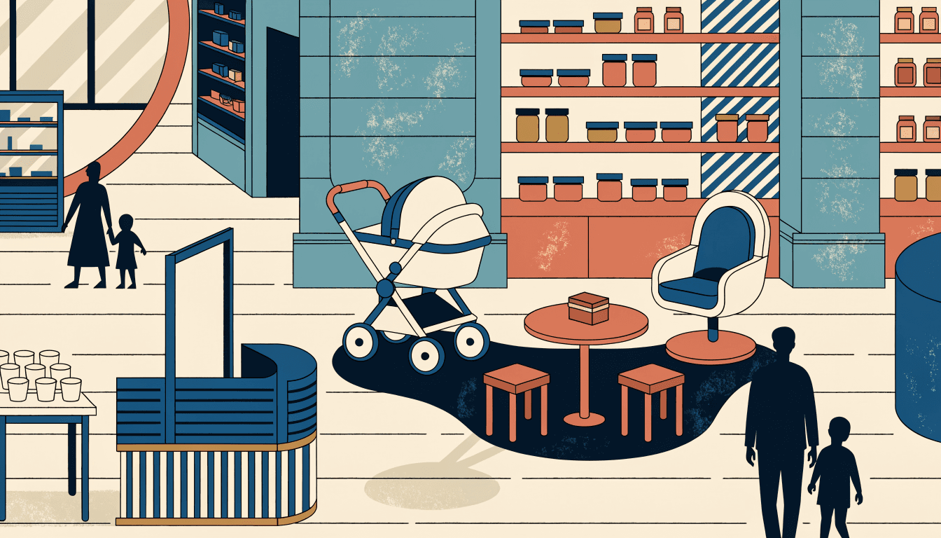 Editorial illustration of a supermarket floor turned into a family event space, a stroller and child seat on display near a small sampling table, shelves of baby goods in the background, a parent and child silhouette browsing together under bright daytime store lighting.