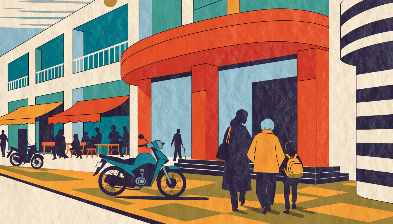 Editorial illustration — a mid-sized suburban shopping centre in Vietnam, a three-generation family walking together past a supermarket entrance and casual food stalls, motorbikes parked outside, daytime.