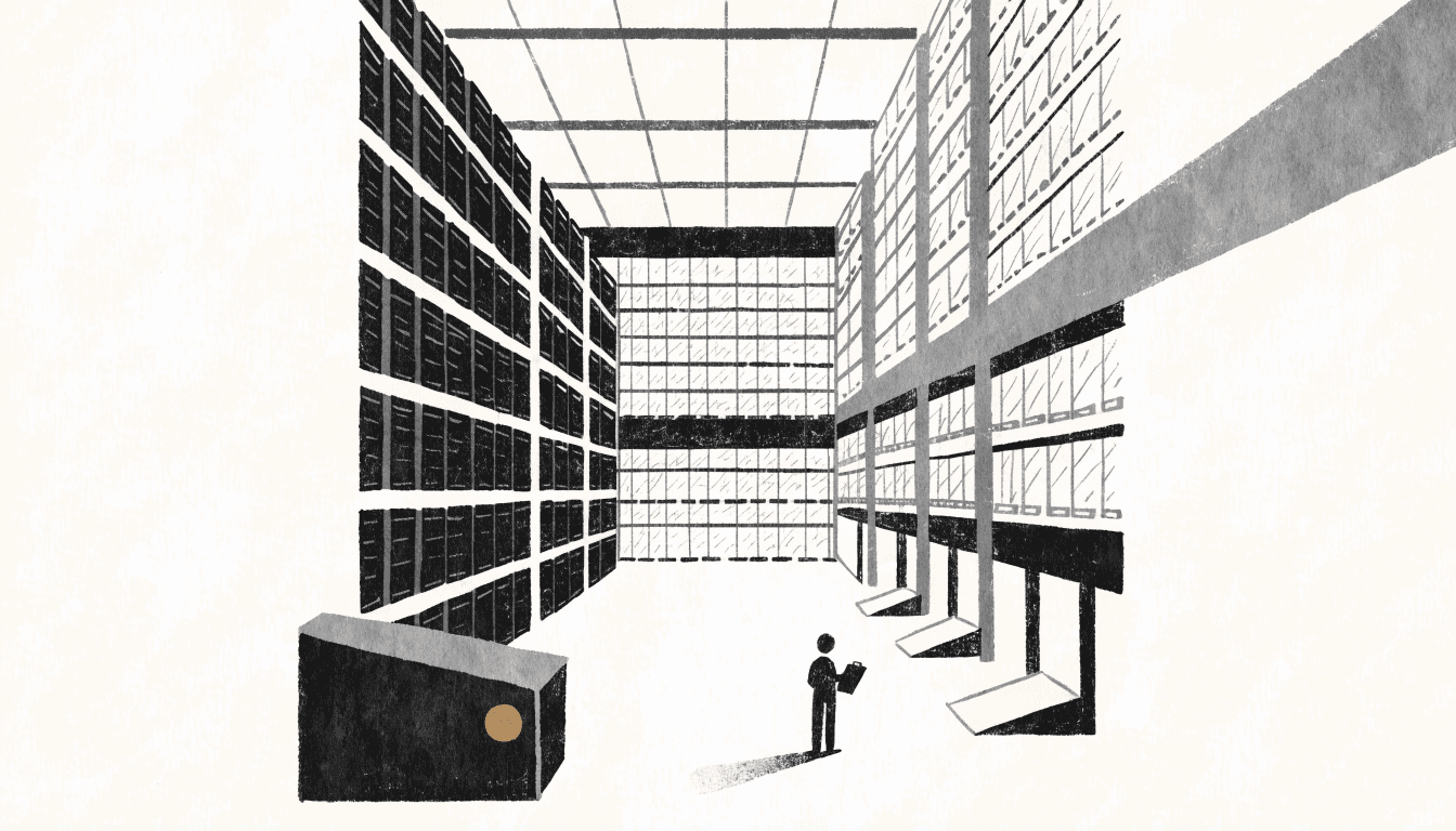 Illustration of the interior of a large automated distribution warehouse with tall pallet racking and a backup generator unit