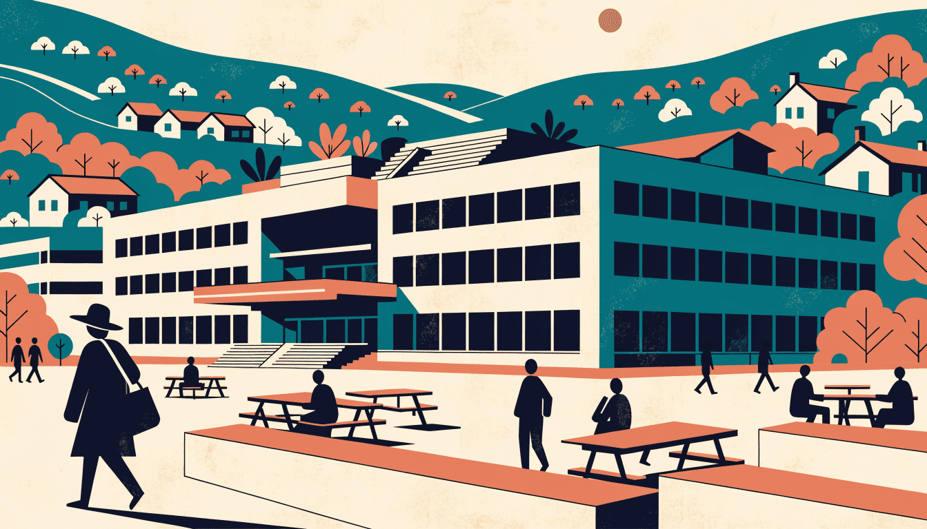 Editorial illustration of a large regional mall exterior with a rooftop terrace and community plaza, warm travel-journal palette, silhouette figures for scale.