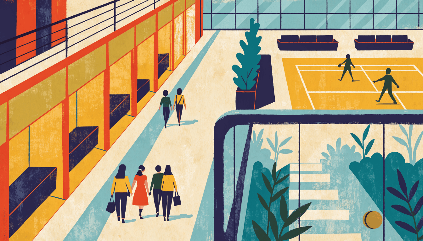 Editorial illustration — a large new shopping mall atrium in a mid-sized Vietnamese city, families walking past storefronts and an indoor sports court, an outdoor landscaped garden path with a bamboo motif visible through glass, warm evening lighting.