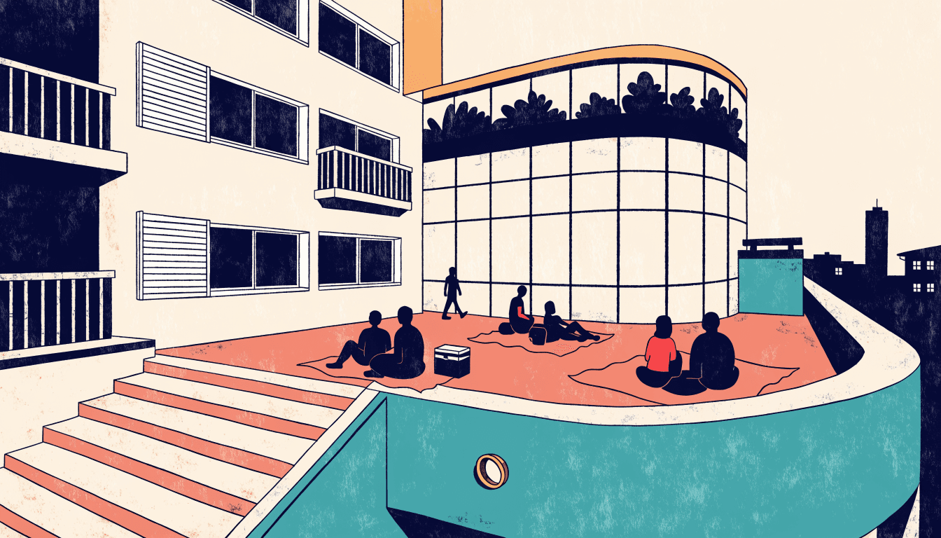 Illustration of a rooftop terrace with artificial turf where families sit picnic-style beside a curved glass pavilion, warm flat-vector style.
