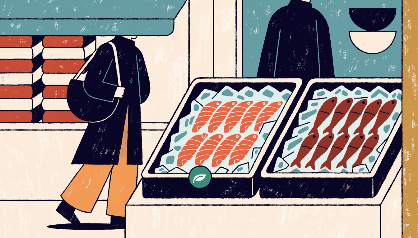 Editorial illustration of a supermarket fish counter, iced seafood trays and a small ecolabel tag, a shopper browsing nearby.