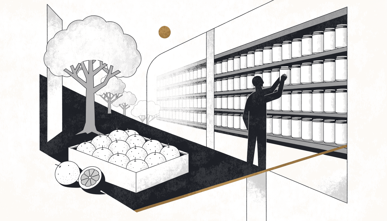 Calm near-monochrome editorial illustration showing a crate of citrus fruit beside canned craft beer on a supermarket shelf, a silhouette figure stocking the shelf.
