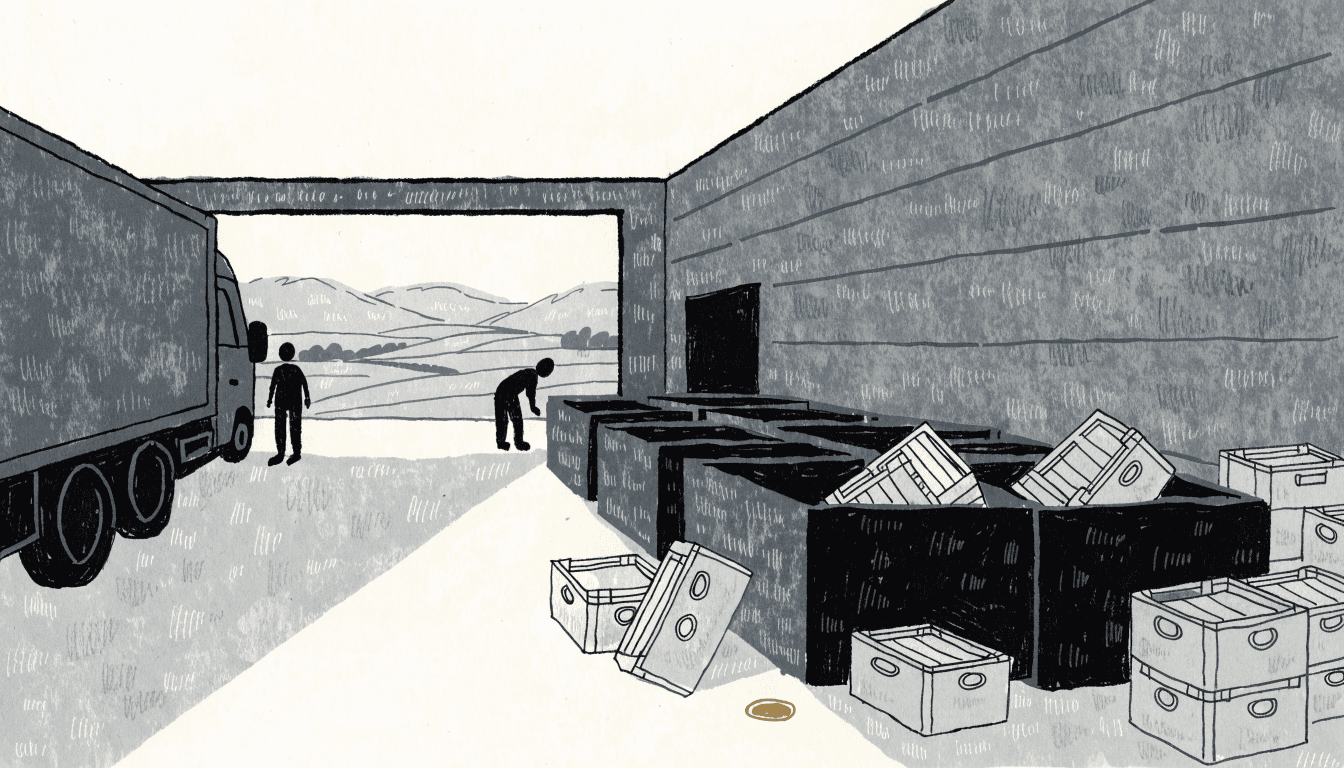 Editorial illustration — a supermarket's back-of-house loading dock at dawn, crates of produce sorted for recycling beside a delivery truck, rural hills visible through the open doors.