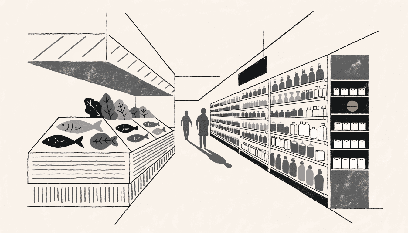 Flat-vector illustration of a spacious Japanese supermarket sales floor combining a fresh-food market section and a drugstore-style beauty aisle: a fish and produce counter on one side, shelves of skincare bottles and pharmacy signage shapes on the other, warm overhead lighting, no readable text, logos or faces, in floortok's calm editorial illustration style.