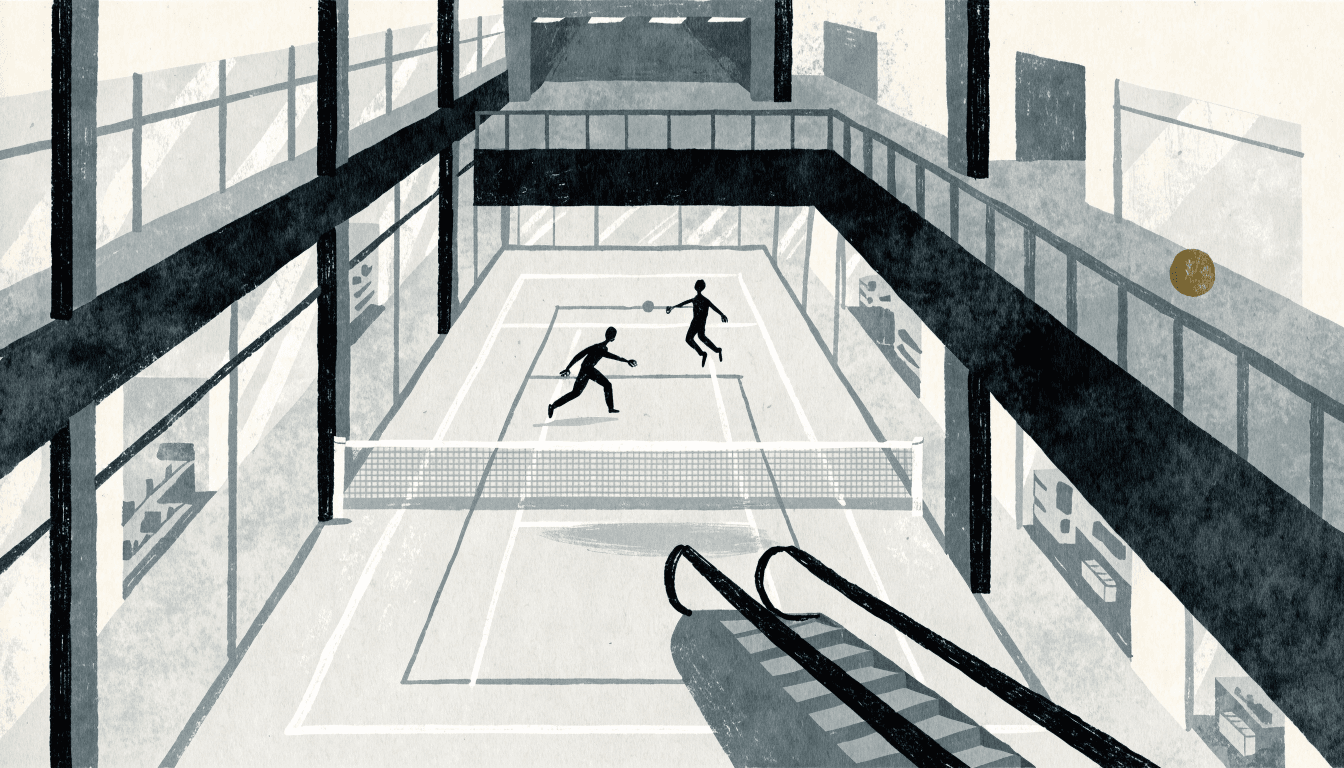 A calm near-monochrome editorial illustration looking down from a mezzanine into a bright double-height court space inside a suburban shopping centre, with a net across the middle and two silhouetted figures mid-rally.