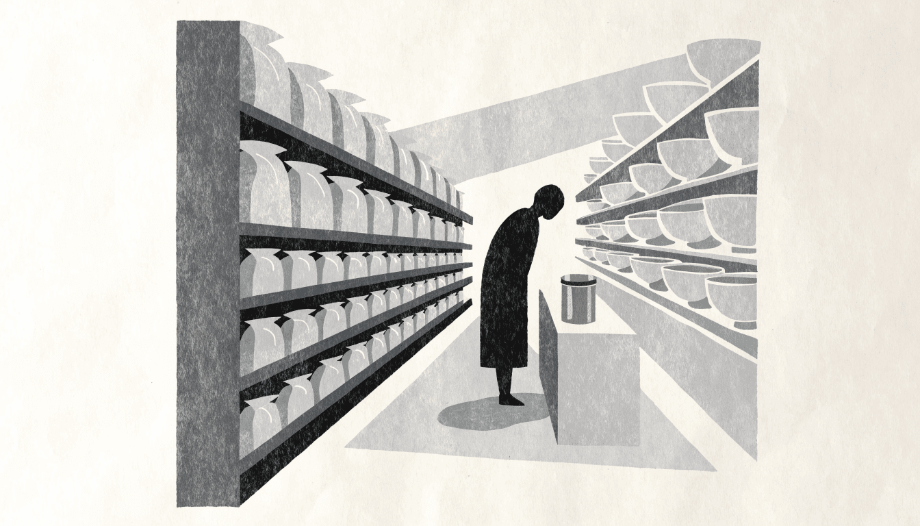 Illustration of a shopper browsing shelves of rice bags and ceramic bowls in a lifestyle grocery store