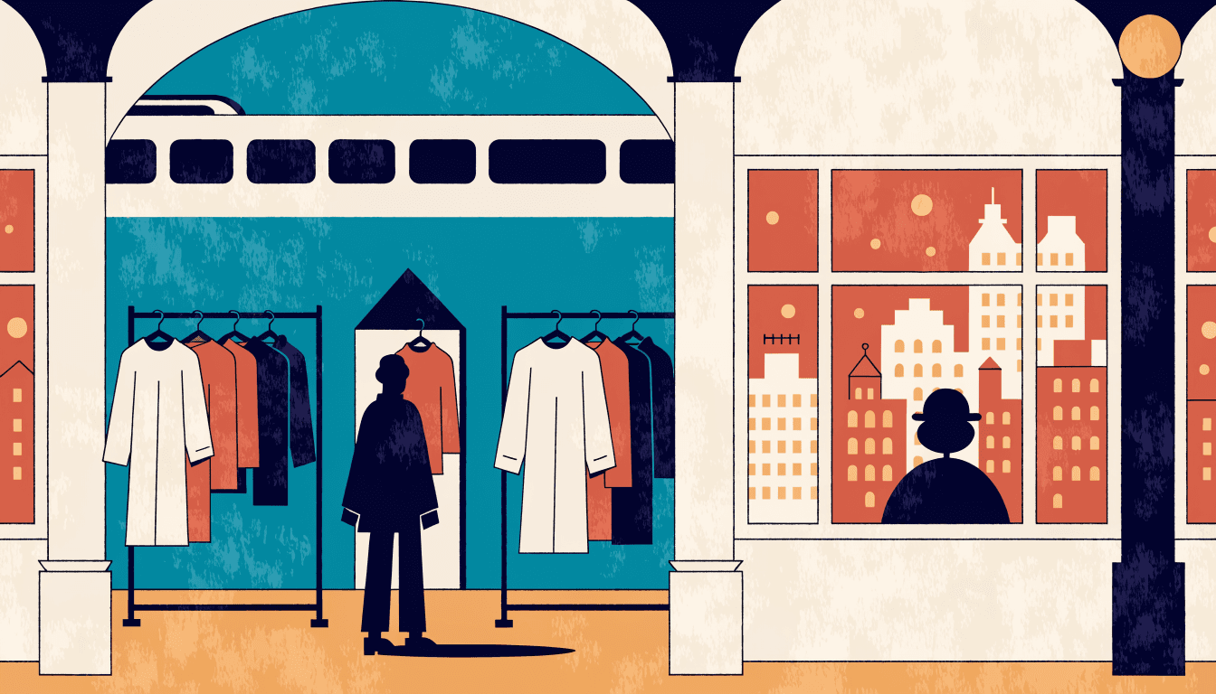 Editorial illustration of a compact contemporary fashion boutique interior with racks and a fitting alcove, warm travel-journal palette.