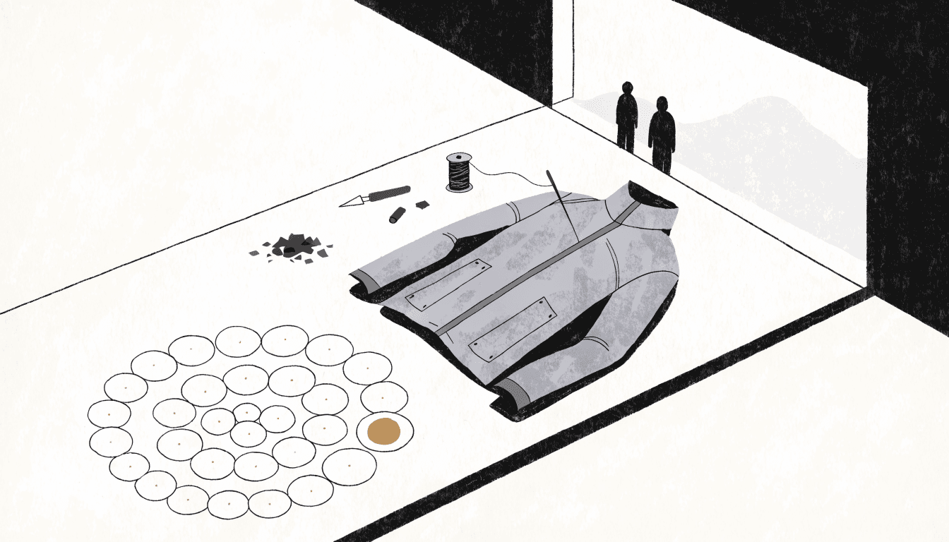 Near-monochrome editorial illustration of a hardshell jacket laid out mid-repair on a workbench, with a needle, thread spool and fabric swatches nearby, two silhouette figures standing by a window overlooking a mountain ridge.