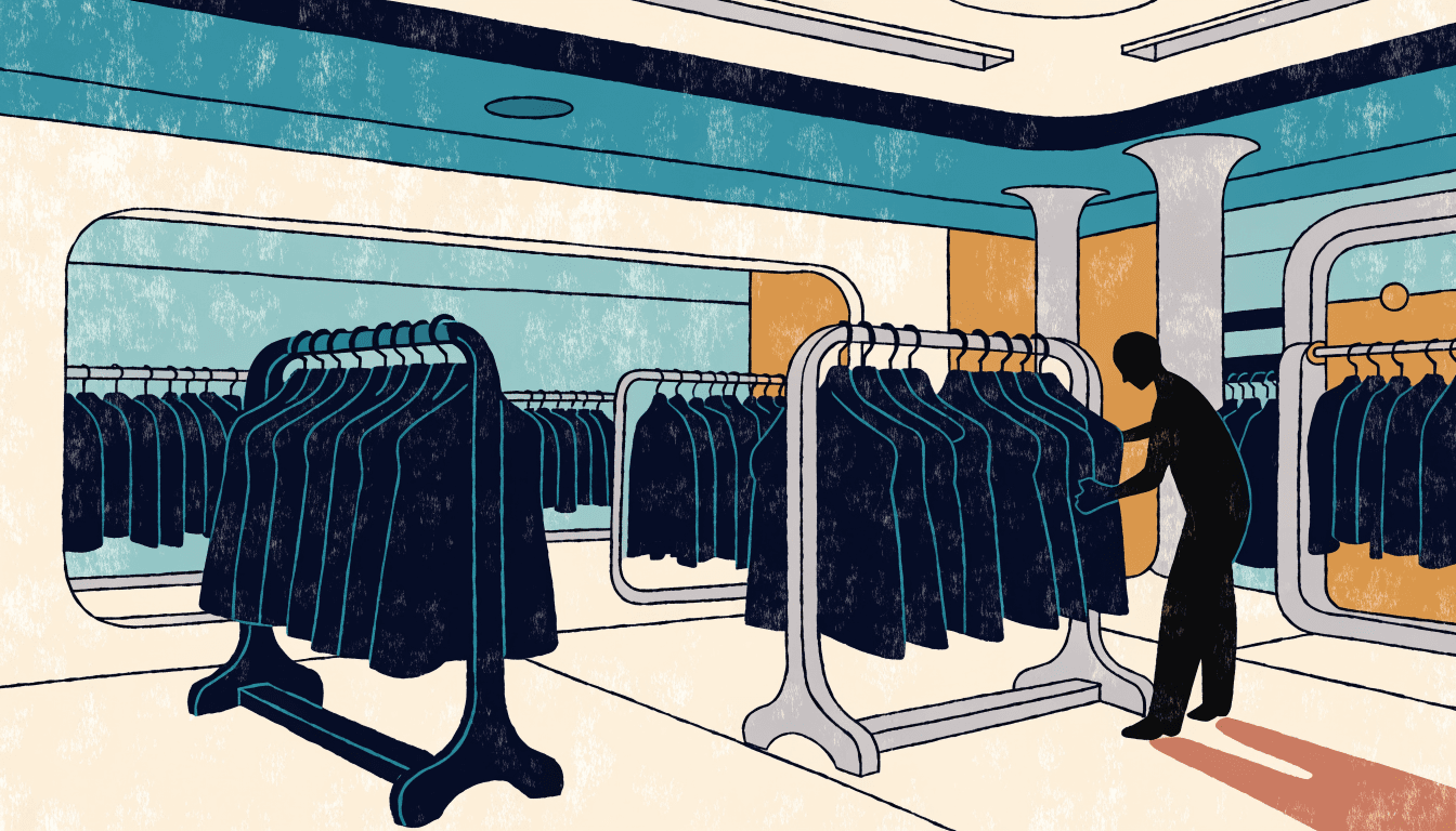 Editorial illustration of an Emporio Armani department-store floor: sleek grey and navy garment racks under gallery lighting, a silhouetted figure adjusting a rail, one small brass accent on a fixture.