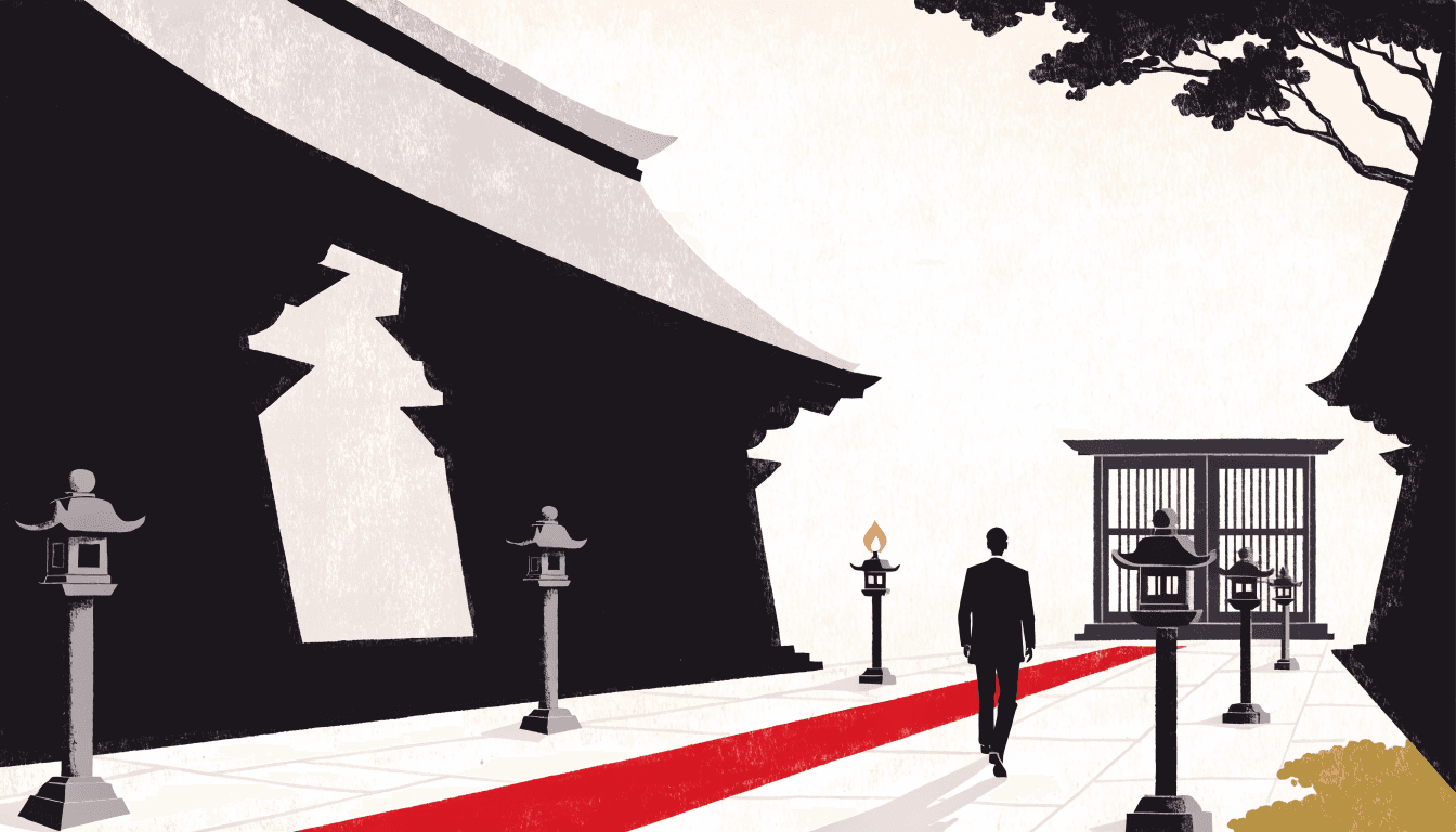 Editorial illustration of a temple courtyard at dusk: a red carpet runner leading toward tall wooden temple doors, a silhouetted figure in eveningwear crossing it, stone lanterns lining the path.
