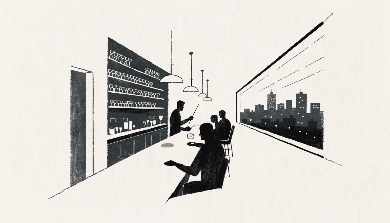 A flat-vector illustration of a calm, dimly lit hotel bar at night, seen along a long diagonal counter lined with glassware, with silhouetted guests and a bartender, and a floor-to-ceiling window revealing a distant city skyline.