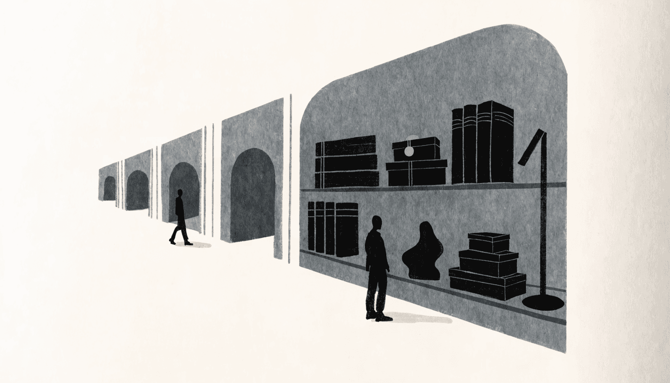 Editorial illustration of a calm department-store luxury boutique alcove shaped like a library archway, with shelves of bound books and gift boxes, one small brass lamp accent, and silhouette figures walking past.