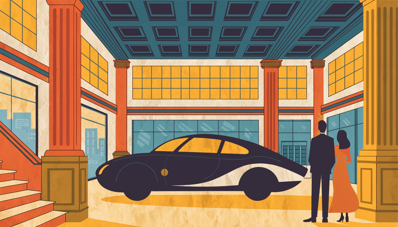 Illustration of a sports car displayed in the grand central hall of a historic Tokyo department store, with elegantly dressed onlookers viewing it from a distance