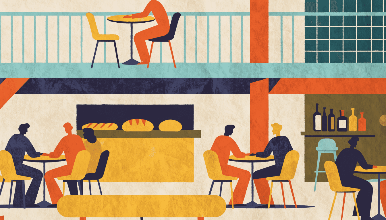 Illustration of a busy station-building dining floor at dusk, a bakery counter and a small-plates bar visible side by side.