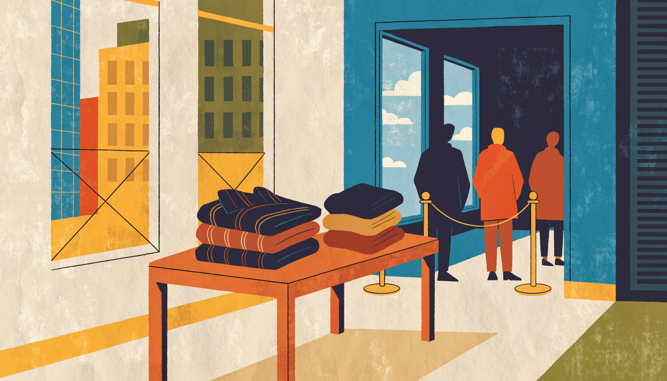 Editorial illustration of a department-store menswear floor: folded flannel and cashmere garments on a minimal wooden display table, a line of silhouetted shoppers waiting near a roped entrance.