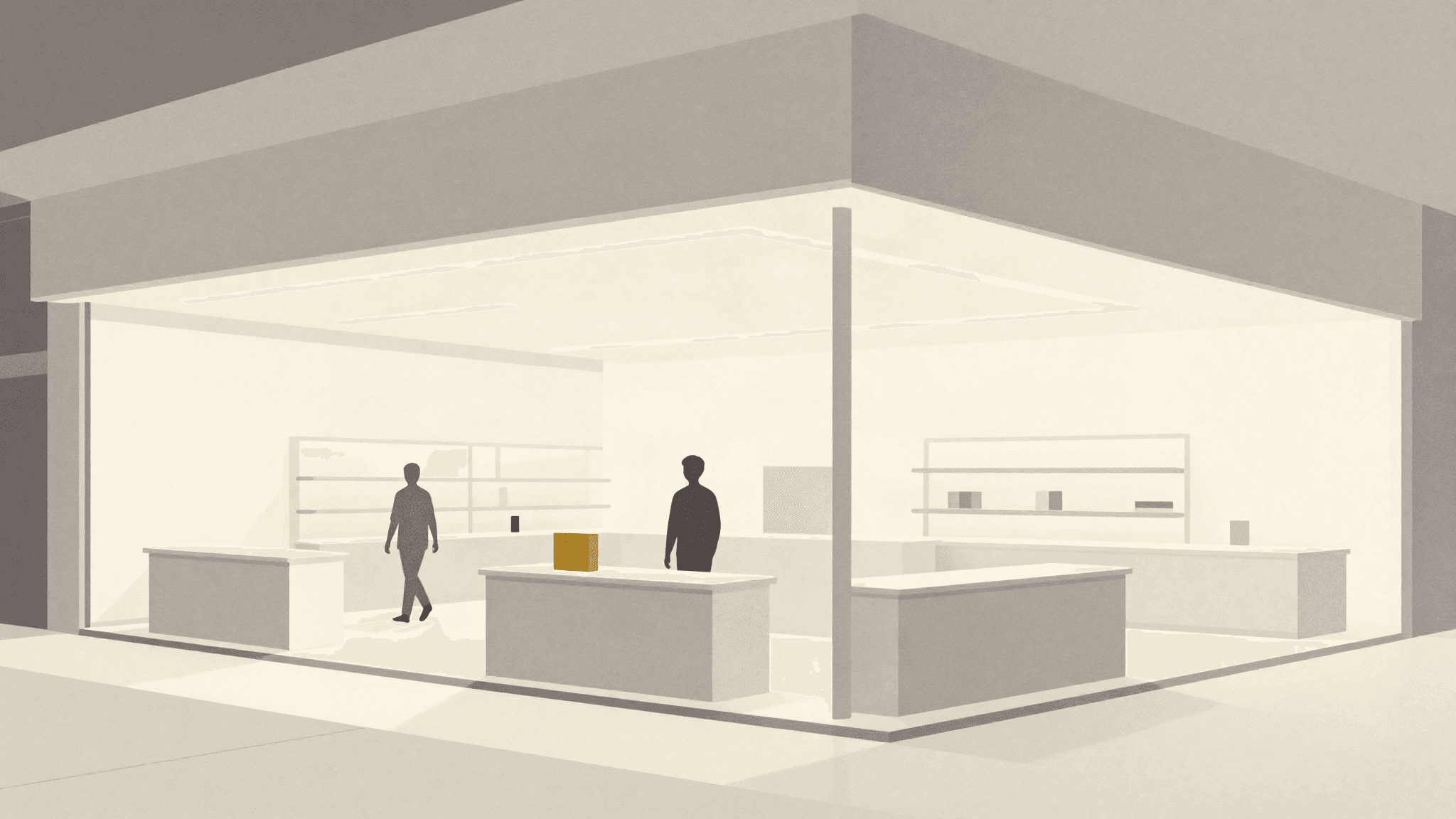 Editorial illustration — a bright department-store ground-floor promotion space with low display plinths and a high ceiling.