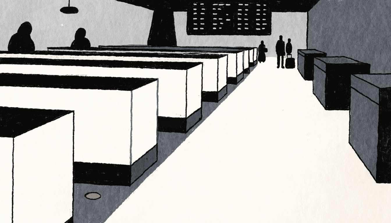 Editorial illustration of an airport duty-free retail hall, with silhouetted travellers passing between display cases, in a calm near-monochrome palette with one small brass accent.