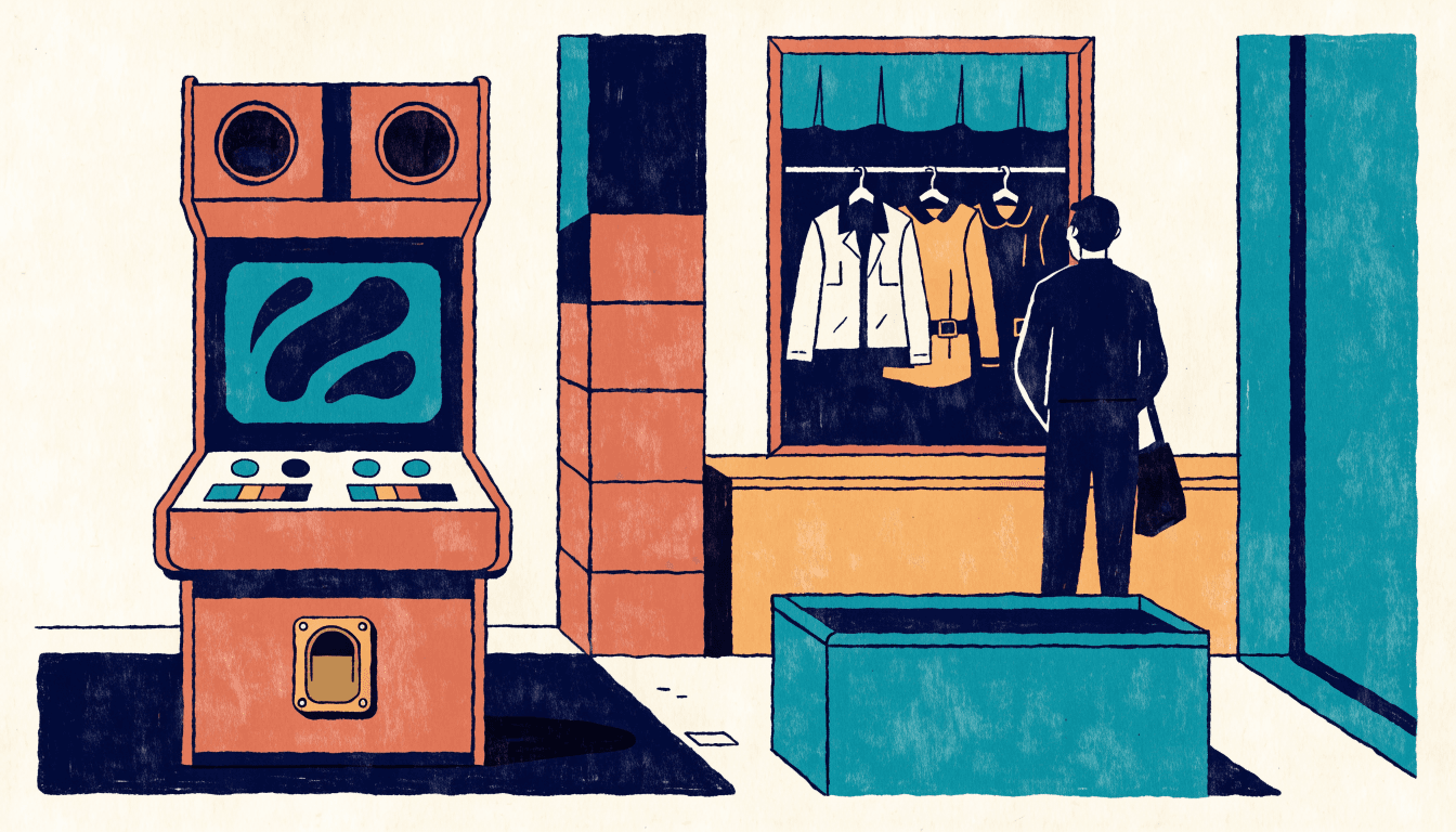 Illustration of a retro arcade cabinet standing beside a clothing rail in a boutique, a silhouette figure browsing nearby.