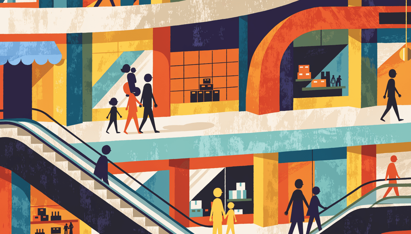 Illustration of a bustling character-goods retail floor with colorful storefronts inside a Japanese train-station shopping complex