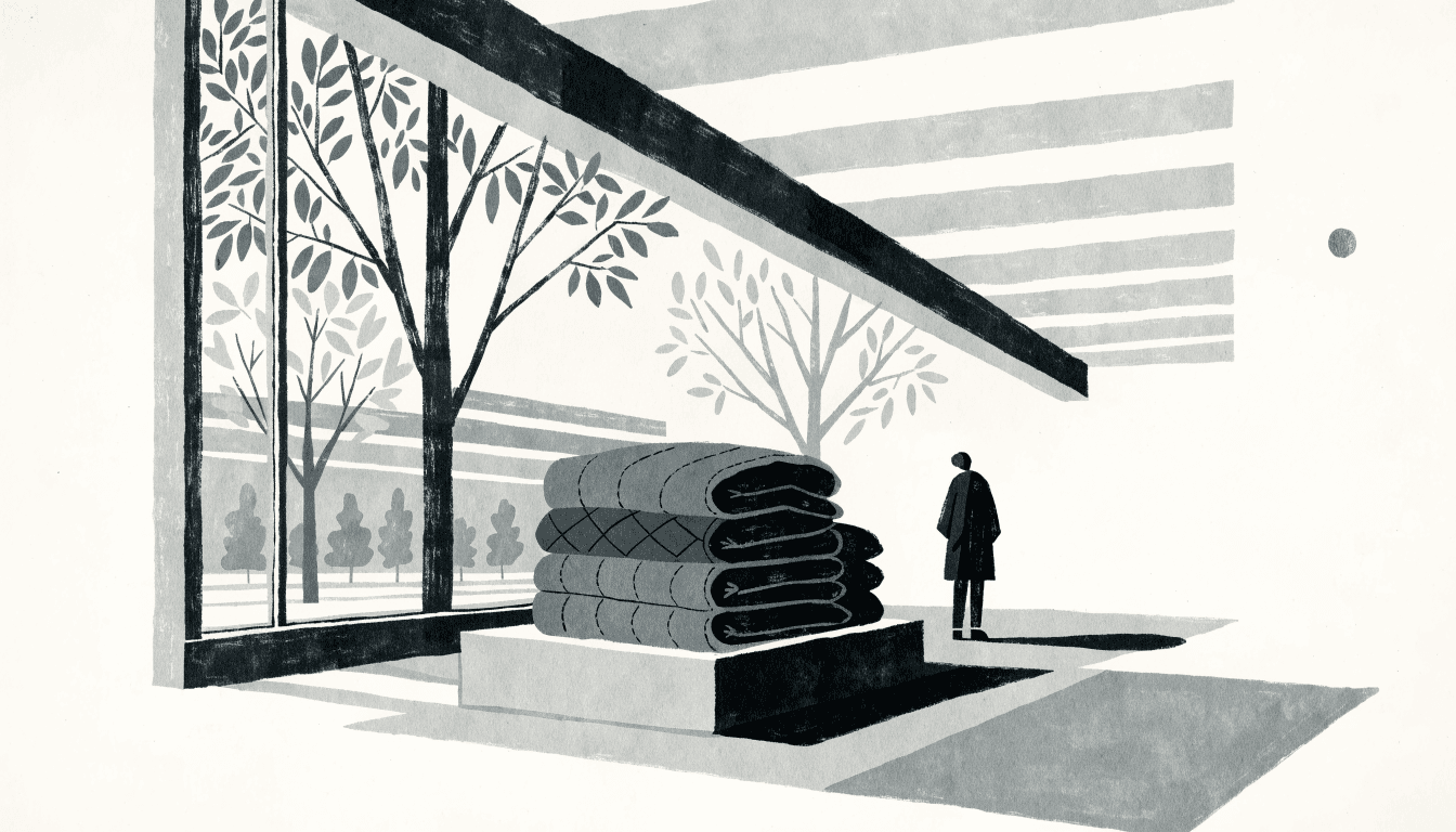 Bold, warm editorial illustration of a select-shop floor: folded quilted outerwear stacked on a plinth near a window onto a tree-lined avenue, autumn light, one shopper shown from behind.