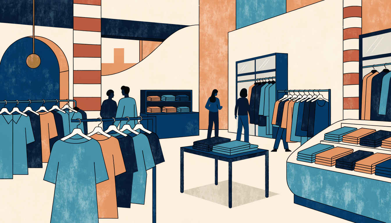 A bright illustration of a multi-label womenswear floor inside a train-station shopping complex, with several shoppers browsing racks of clothing.