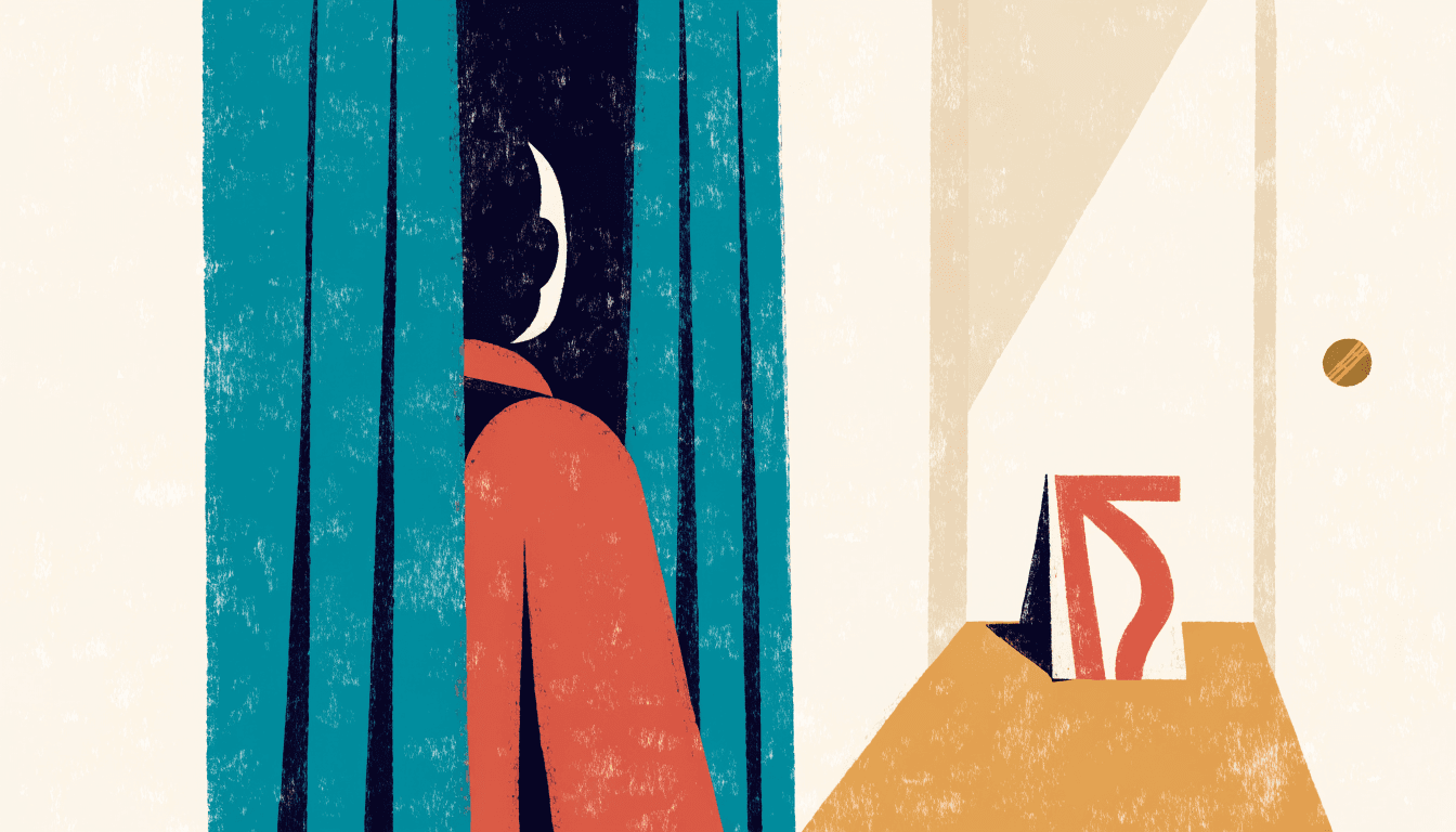 Warm editorial illustration of a select-shop fitting-room corridor, a small pink ribbon motif on a discreet card beside a mirror, a silhouette figure glimpsed through a half-open curtain.