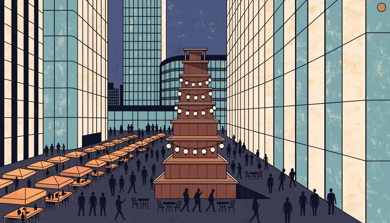 Illustration of an evening festival in an urban plaza: a wooden yagura stage strung with lanterns, food stalls along one side, and a crowd gathered between glass towers.
