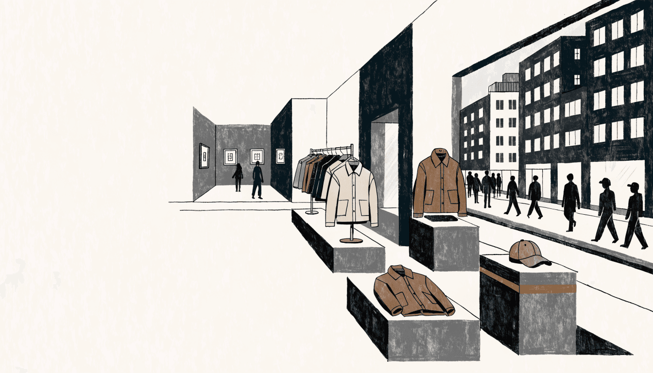 Editorial illustration of a Tokyo select-shop floor during a capsule launch: autumn-toned jackets and a cap on display, an archive gallery visible beyond, a busy street outside.