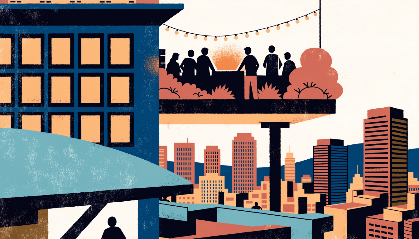 Editorial illustration of a rooftop garden high above a Tokyo station development at night, warm string lights over a small crowd of silhouette figures gathered near a glowing DJ booth, the city skyline layered below in dusk tones.