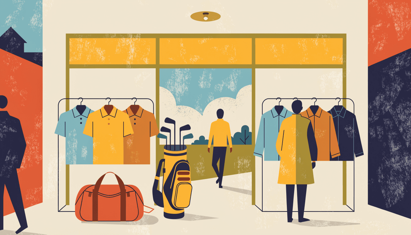 Editorial illustration of a crossover golf-and-lifestyle apparel display in a Tokyo select shop, with technical polos and jackets beside gym bags and a golf bag, a green visible through a window beyond.