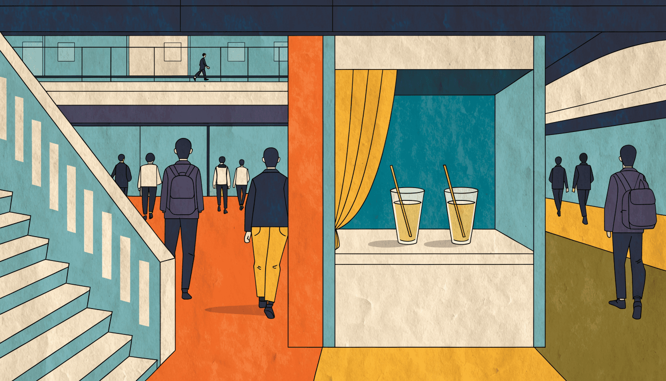 Illustration of a tea-drink counter inside a busy underground train-station concourse
