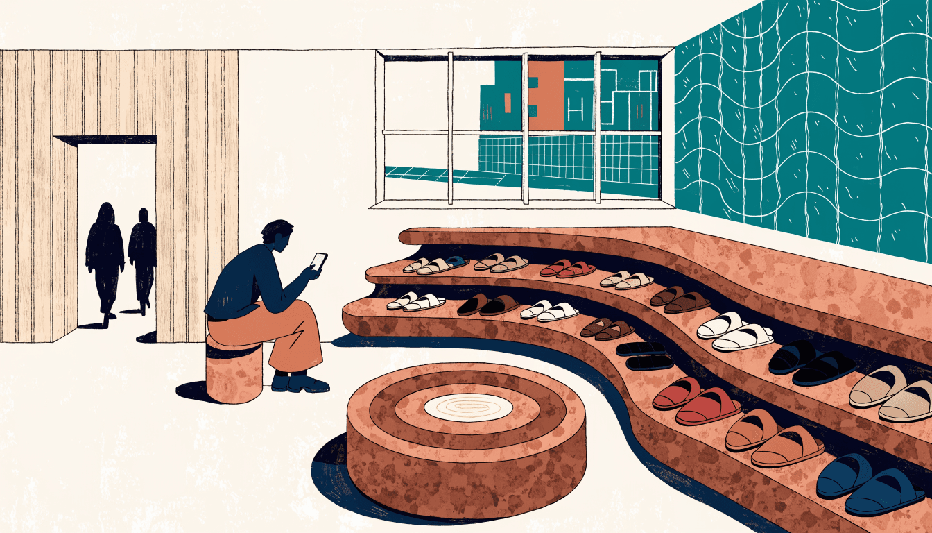 Illustration of a cork-and-wood footwear concept store interior, sandals displayed on wavelike shelving beside a green tiled wall evoking flowing water.