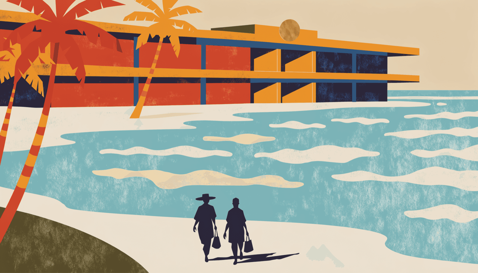 Editorial illustration of an Okinawan west-coast resort: low white suite buildings set among subtropical forest with a sliver of ocean and a quiet natural beach, calm and near-monochrome with one small brass accent.