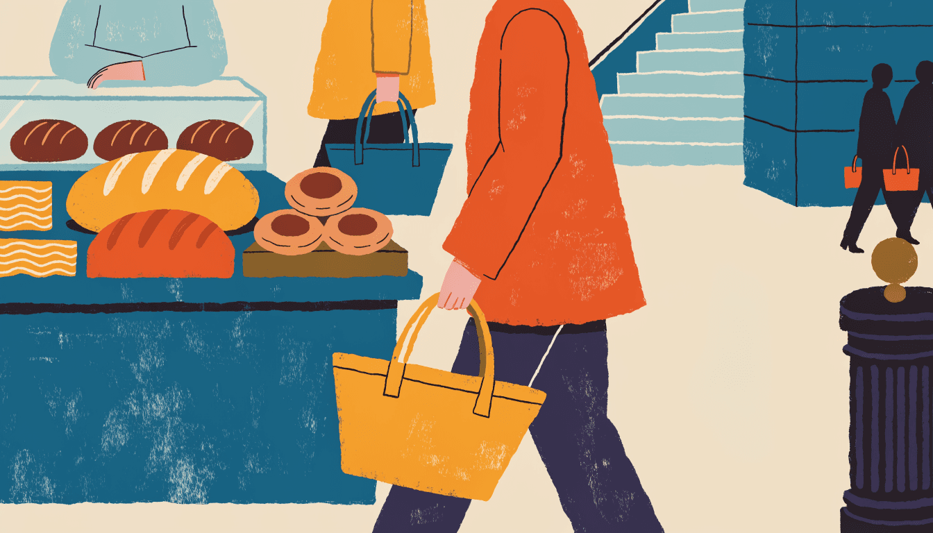 Editorial illustration of a bakery counter in a department-store basement food hall, loaves and pastries on display as shoppers browse.