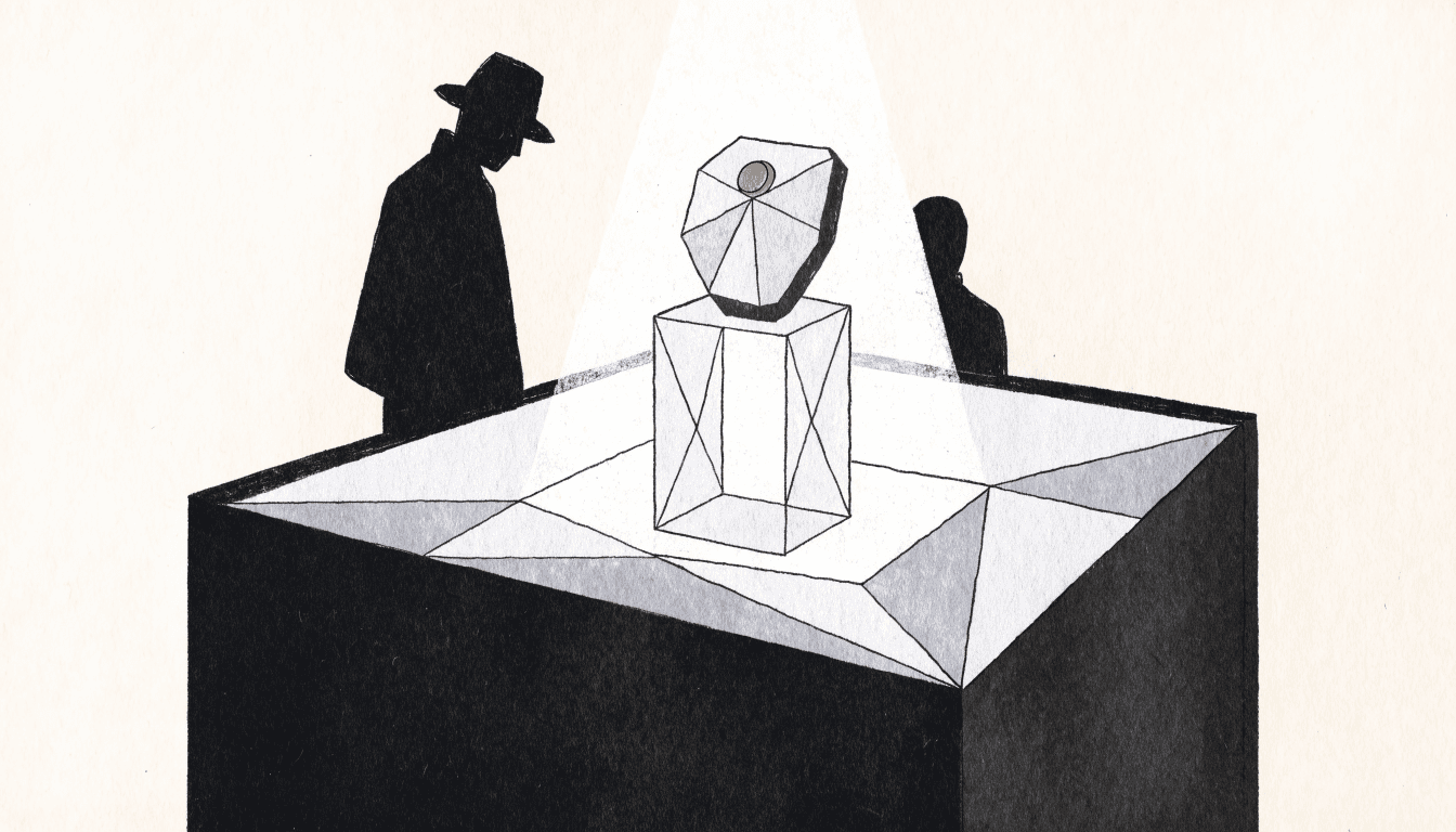 Illustration of a faceted timepiece displayed on a pedestal under a spotlight, two silhouette figures looking on, calm near-monochrome editorial style with a small brass-gold accent.