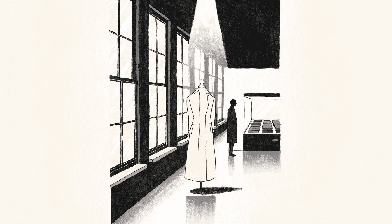 Flat-vector illustration of a museum gallery with a single pale trench coat displayed on a form under a spotlight, a glass archive case in the middle distance, and a silhouette visitor viewing from across the room.