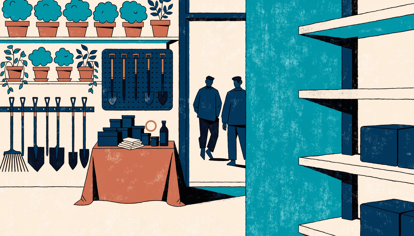 Editorial illustration of a home-improvement store aisle with a small pop-up display table near the entrance, warm travel-journal palette.