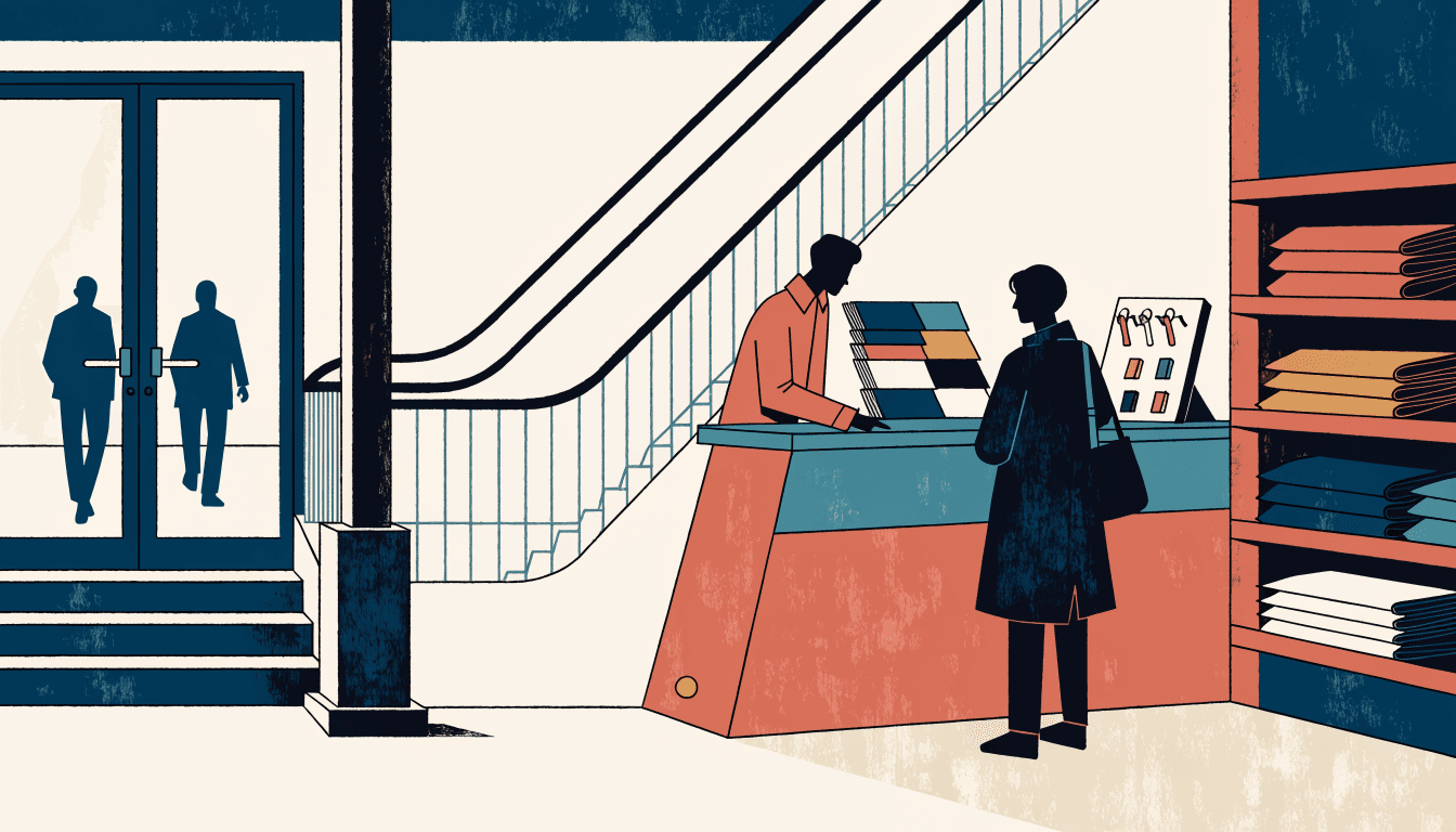 Illustration of a small consultation-style home-reform shop on a department store floor, near a station concourse