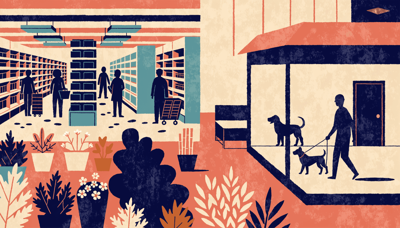 Illustration of a home-improvement store's aisles opening onto an outdoor garden section, with a customer walking two dogs near a dog run.