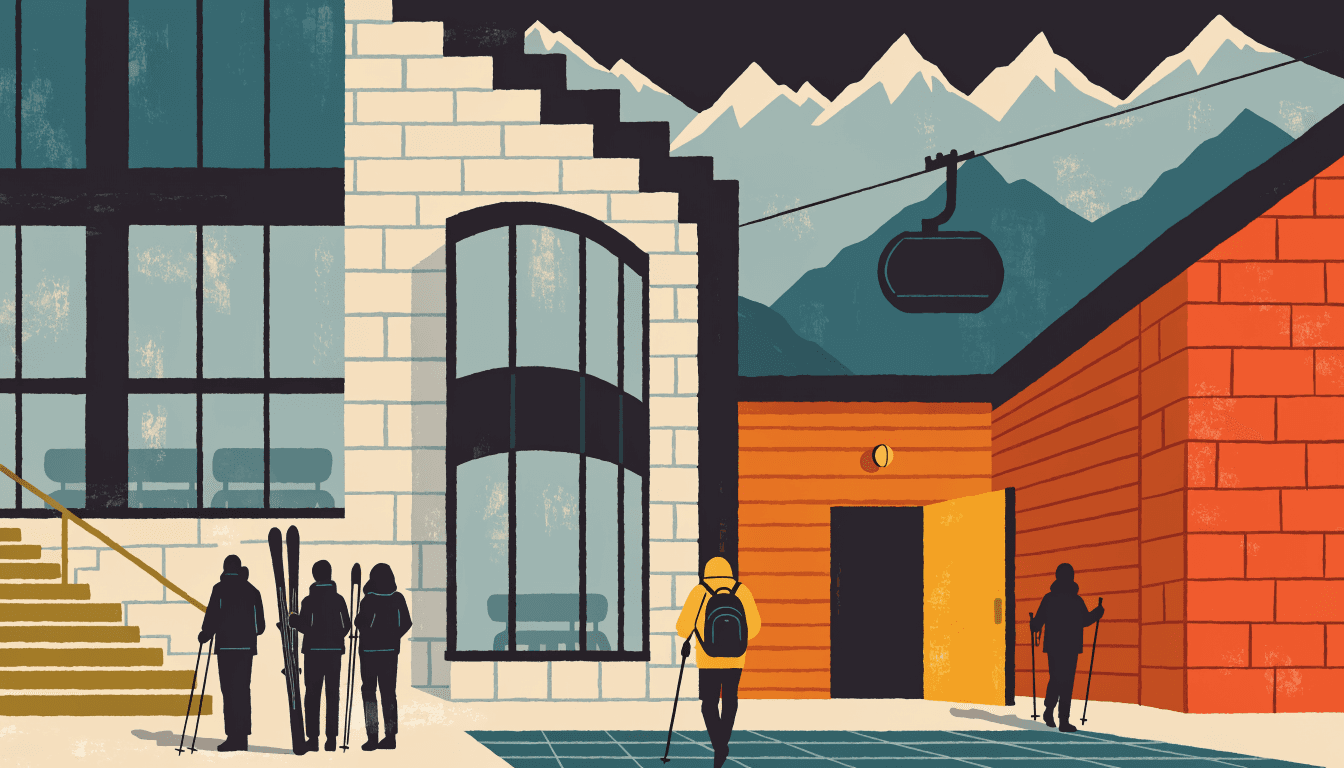 Editorial illustration — a modern mountain-lodge hotel exterior at the base of a ski resort, a gondola cabin passing overhead, guests with ski gear near a stone-and-timber building at dusk, mountain views in the background.