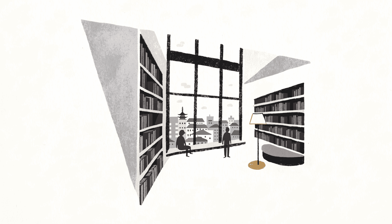 Illustration of a cosy hotel room with curated bookshelves and a reading nook, Asakusa's low rooftops visible through the window.