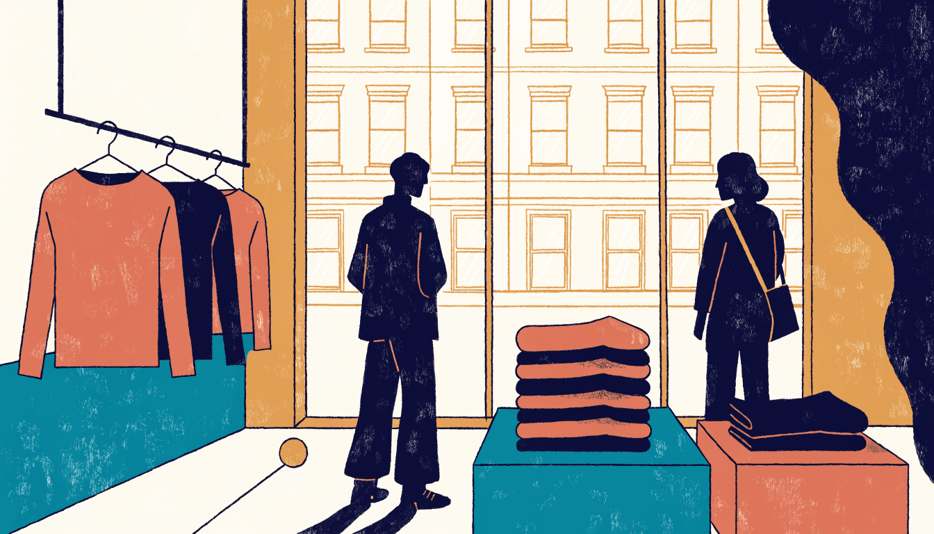 Editorial illustration of a minimalist knitwear boutique on a department-store fashion floor, folded garments on plinths, warm afternoon light.