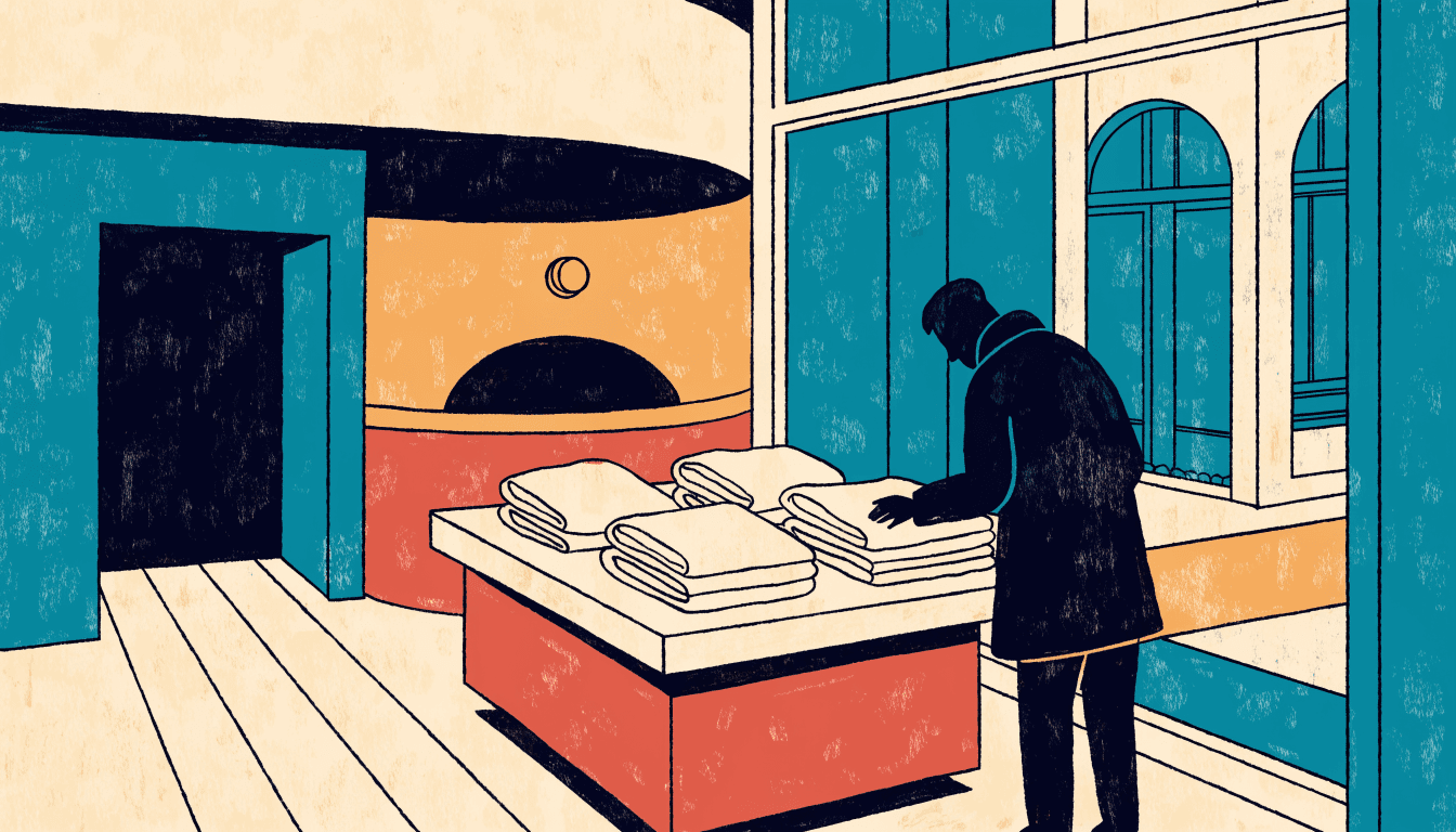 Illustration of a minimalist knitwear boutique corner inside a department store, folded garments in a seasonal accent colour displayed on a table, warm editorial style.